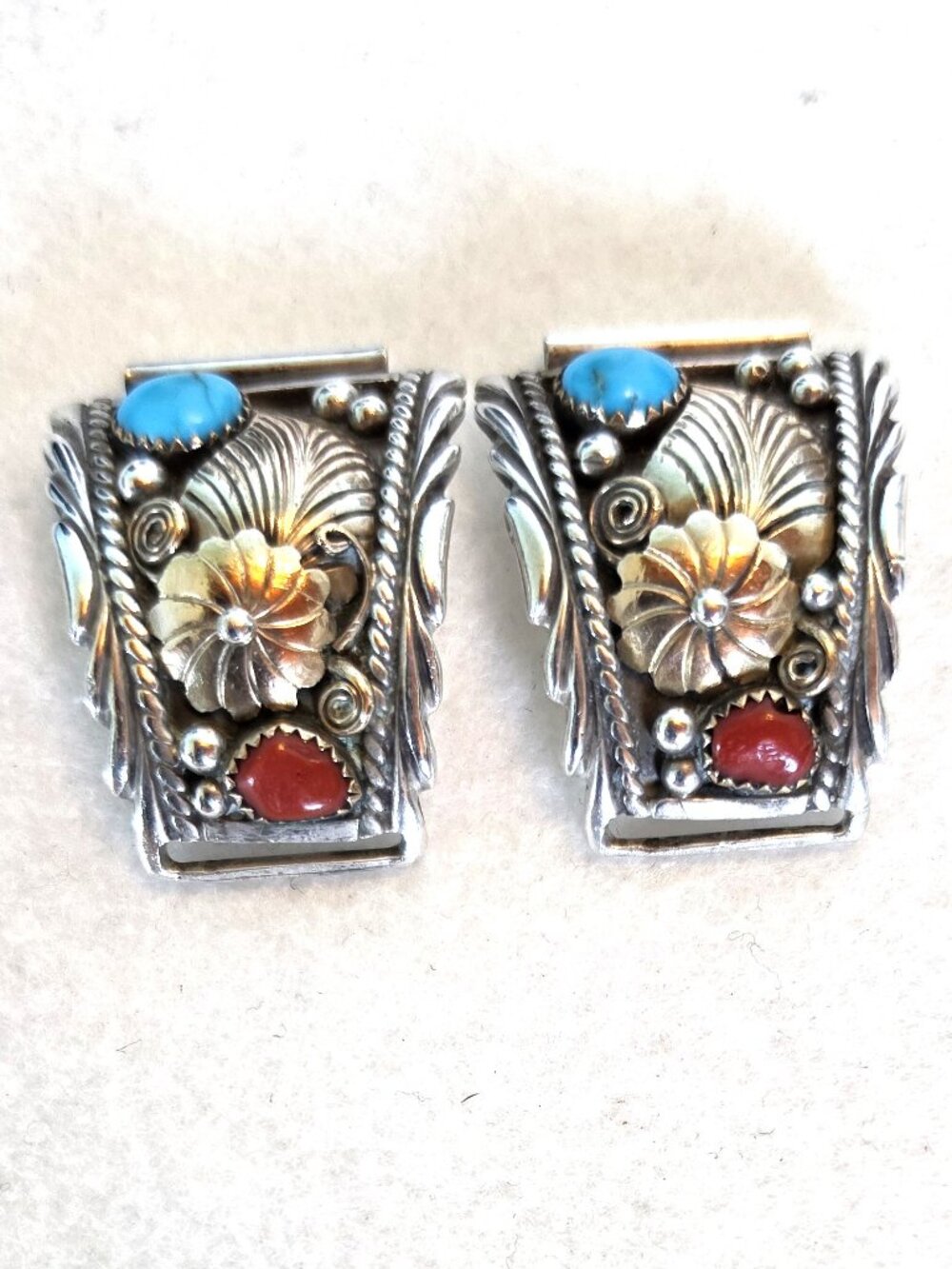 Vintage Navajo Benson Ration Turquoise & Coral Sterling Silver Watch Terminals